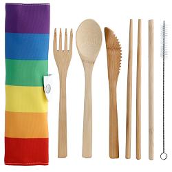100% Natural Bamboo Cutlery 6 Piece Set - Somewhere Rainbow Stripes
