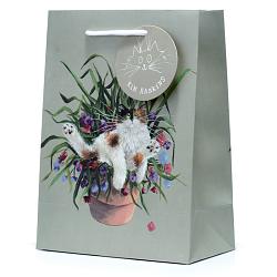 Kim Haskins Floral Cat in Plant Pot Green Gift Bag - Medium