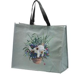 Kim Haskins Floral Cat in Plant Pot Green Recycled Plastic Bottles RPET Reusable Shopping Bag